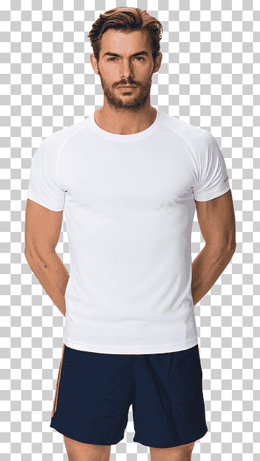 hombre vestido con camiseta de cuello redondo blanca y pantalones cortos negros, camiseta de ropa deportiva, ropa deportiva, camiseta, blanco, aptitud png