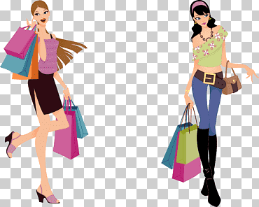 Dos mujeres cargando bolsas de compras, compras de moda, compras felices., diverso, feliz cumpleaños vector imágenes, ilustración de moda png