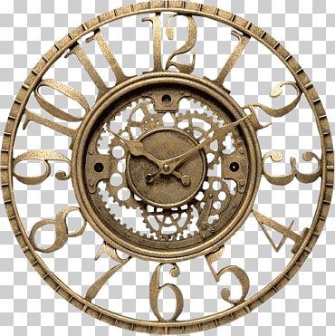 Ilustración de reloj analógico redondo color latón, estante de pared steampunk reloj, reloj, mueble, decoración, metal png