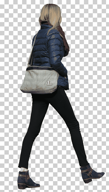 mujer que llevaba una chaqueta de burbuja azul con una bolsa, caminando mujer alta, caminando, gente, zapato, niña png