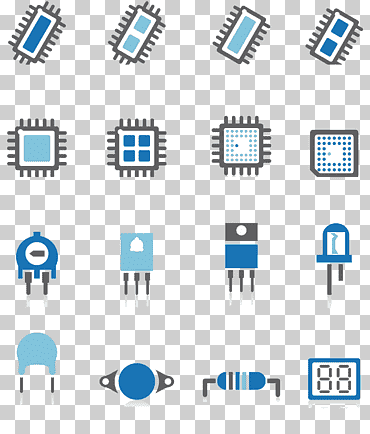 Condensadores, icono de transistor del circuito integrado de componentes electrónicos, icono de componentes electrónicos, azul, electrónica, texto png