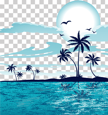 palmera e isla de coco, playa de arena, material decorativo de árbol de coco, hebilla, azul, playa, mamífero marino png