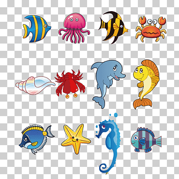 Ilustración de nueve criaturas marinas, dibujos animados criatura del mar profundo del océano, peces, mamífero marino, Oceano, animal png