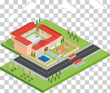 proyección isométrica edificio campus ilustración, modelo escolar estereoscópico, infografía, ángulo, Suministros escolares png
