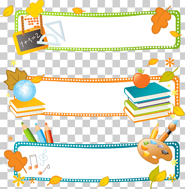 Tres gráficos de bordes de colores y diseños surtidos, ilustración de educación de pancarta escolar, libros, etiqueta, libro de historietas, Suministros escolares png