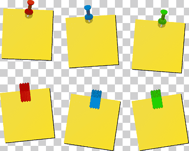 Ilustración de seis papeles amarillos, alfiler de dibujo de la nota de papel post-it, pegatina de notas, etiqueta, rectángulo, alfiler png