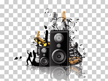 Altavoz subwoofer y guitarra eléctrica animada, música rock, nota musical, música., nota musical, Fondo de escritorio, fondo musical png