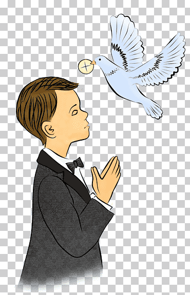 niño orando mientras un pájaro blanco vuela cerca de un niño ilustración, primera comunión libro de oraciones eucaristía bautismo, comunión, niño, mano, gente png