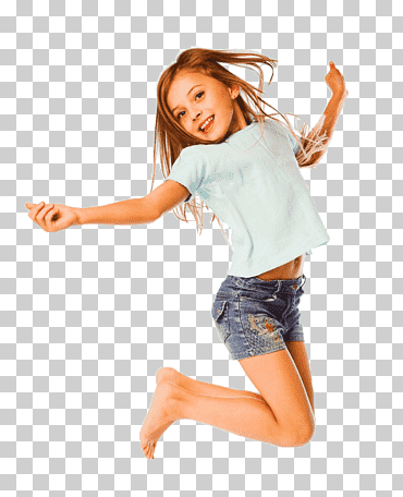 niña con camiseta azul con cuello redondo y pantalón corto azul de mezclilla, camiseta del niño saltando bolsa de trampolín, salta al niño, mano, mochila, naranja png