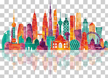 rascacielos panorámicos, ilustración de mapa de asia, coloridas siluetas de edificios de la ciudad, salpicadura de color, edificio, ciudad png