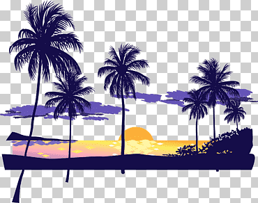 Ilustraciones de cocoteros, ícono de playa al atardecer, atardecer en la playa, púrpura, playa, palmera png