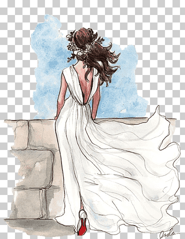mujer en vestido blanco sin mangas ilustración, dibujo boda vestido de novia boceto, novia, mano, Boda, gente png