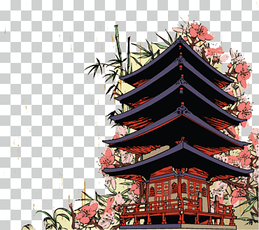 Templo rojo rodeado de ilustración de flores, calcomanía mural mural de Japón, Japón mulou, edificio, Decoración navideña, viaje de japon png
