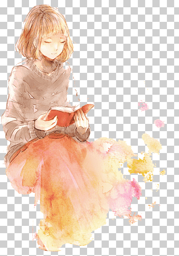 mujer leyendo libro ilustracion, anime, niña acuarela, pintura de acuarela, hojas de acuarela, pintado png