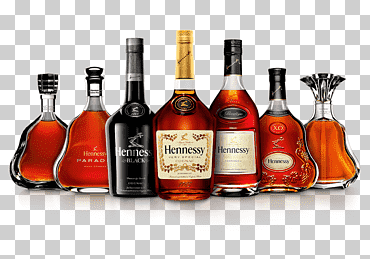 Siete botellas de vidrio de marcas variadas, cóctel de coñac y hennessy, vino coñac xo, Copa de vino, comida, bebida destilada png
