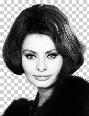 mujer vestida con top de piel negra, cara de sophia loren de cerca, en el cine, varias actrices icónicas, mujer png