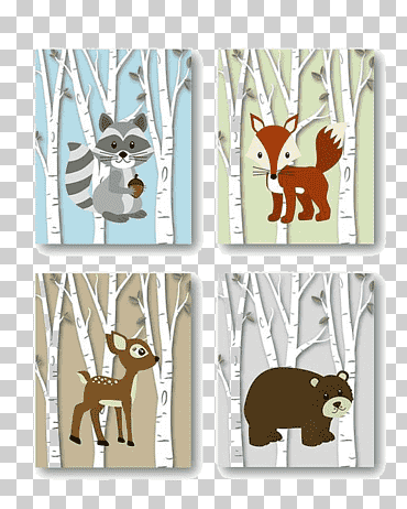 Cuatro ilustraciones de animales variadas, calcomanía de vivero en el bosque habitación de infantes, mapache forestal, cuerno, mamífero, niño png