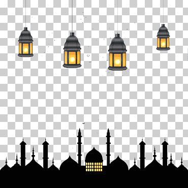 Linternas iluminadas en negro e ilustración de edificio de la ciudad, Mezquita del Ramadán, Islam Eid Al-Fitr, Ramadán, lámpara, vacaciones, Eid al-Adha png