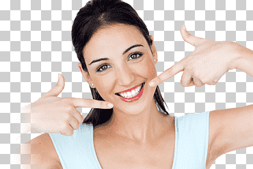 mujer sonriente vestida con camiseta sin mangas blanca, odontología cosmética blanqueamiento dental, mujer sonriente, cara, mano, gente png