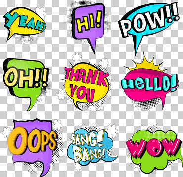 artes de superposición de texto en colores surtidos, cómics, ilustración de globos de discurso, pegatinas de explosión de color de anime, texto, libro de historietas, logo png