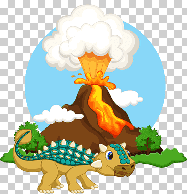 dinosaurio y volcán, volcán montaña lava magma, volcán dinosaurio, carnivoran, dibujos animados, personaje de ficción png