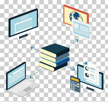 pila de libros e ilustración de portátiles, modelo de referencia de objetos compartidos de contenido de tecnología educativa e-learning, libros y computadoras, Red de computadoras, blanco, mano png