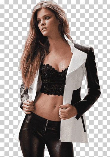 mujer vestida con top corto negro y chaqueta blanca y negra, nina agdal, famosos, gente, nina agdal png
