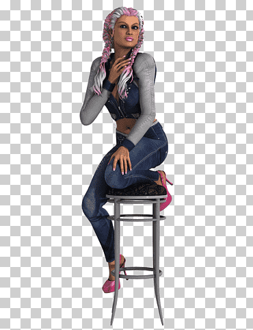 mujer vestida con top corto azul y gris y pantalones de mezclilla azul sentada en un taburete, mujer trenzas rosa sentada en un taburete, gente, mujer, vistiendo png