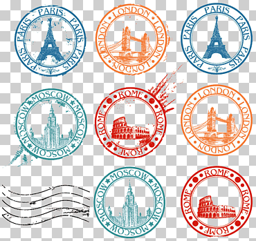 logo surtido en color, mucho collage, estampilla de viaje, visa de viaje, vistas del mundo sello de matasellos, cuadro, tinta, texto png
