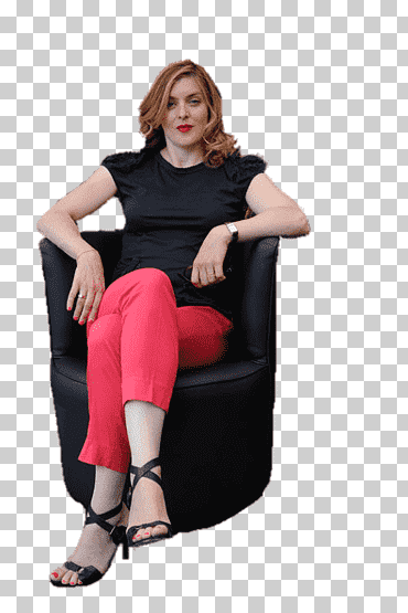 mujer vestida con top negro y pantalón rosa sentado en una silla holandesa, valérie donzelli en sillón, en el cine, valérie donzelli, mujer png