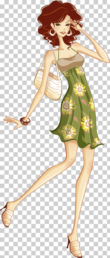 mujer en vestido verde ilustración, dibujo ilustración moda, niña dibujada a mano de la moda, Chica de moda, mano, Moda png