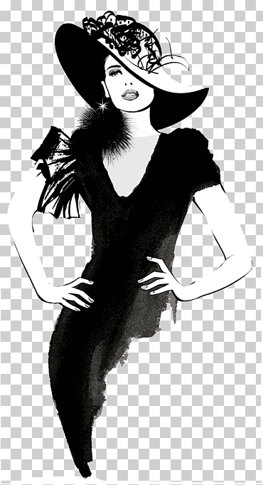 Modelo de moda, mujer de moda pintada a mano, ilustración de mujer con sombrero fascinador y vestido con gorra., pintura de acuarela, mujer de negocios, pintado png