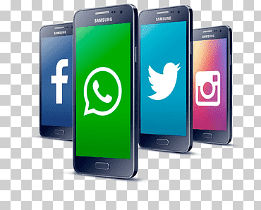 Cuatro teléfonos inteligentes con Android Samsung, teléfono social con funcionalidad WhatsApp, red social de Instagram, redes sociales, Red de computadoras, artilugio, electrónica png