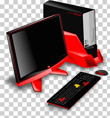 Ilustración de escritorio de computadora roja y negra, computadoras de escritorio con teclado de computadora, computadora, electrónica, computadora, accesorio de monitor de computadora png