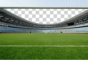 Estadio deportivo vacío bajo el cielo azul, archivo de computadora del estadio de fútbol, ​​estadio verde, hierba, césped artificial, manzana verde png