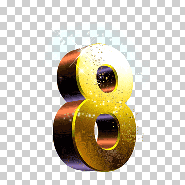 8 de color dorado con ilustración de brillos, dígitos numéricos oro, 8, fondo de pantalla de la computadora, 3d, brillante png