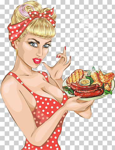 mujer vestida con top de espagueti rojo y blanco con lunares, ilustración de plato, comida rápida pin-up de comida rápida para perros, ilustración de comida para perros calientes coqueta, comida, comiendo, personaje de ficción png