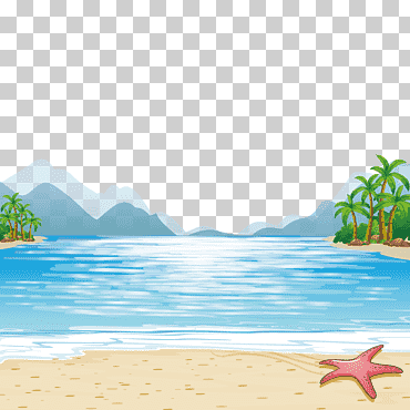 Ilustración de playa infantil, montañas de mar, estrella de mar en pegatina gráfica de dibujos animados de playa, azul, fondo de pantalla de la computadora, feliz cumpleaños vector imágenes png