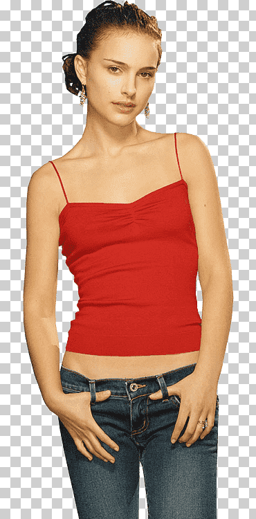 mujer vestida con top rojo de tirantes, pantalones natalie jeans, en el cine, Natalie Portman, mujer png