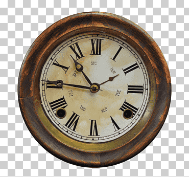 Reloj de pared analógico redondo con marco de madera, mesa antigua de cara de reloj, reloj antiguo, reloj digital, ropa vintage, metal png