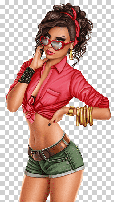 Mujer en cosechadora rosa y pantalones cortos cortos de color verde ilustración, modelo femenino de moda pin-up girl, niña, famosos, mujer, niña png