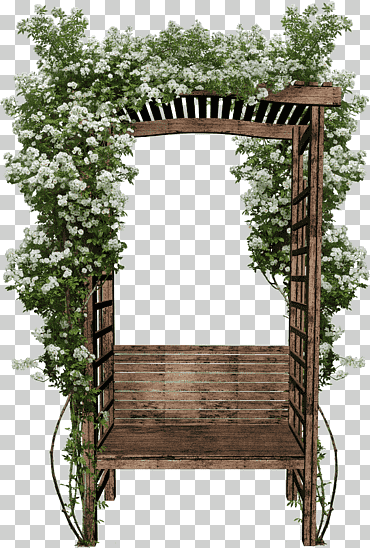 Banco marrón con plantas, sillas de madera, mueble, estructura al aire libre, tabla de madera png