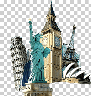 torre de la eiffel turismo de viajes de la torre eiffel, hitos del mundo hebilla hd creativo, estatua de la libertad, big ben, torre eiffel, torre inclinada de pisa y ópera de sydney, plantilla de diseño de logo gratis, edificio, gran Ben png