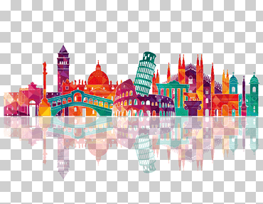Ilustraciones de Italia, dibujo del horizonte de Italia, colorida silueta de la ciudad, salpicadura de color, texto, lápiz de color png
