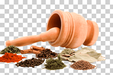 Diversas especias y mortero de ajo., especias, mortero de ajo, elementos esenciales de la cocina png